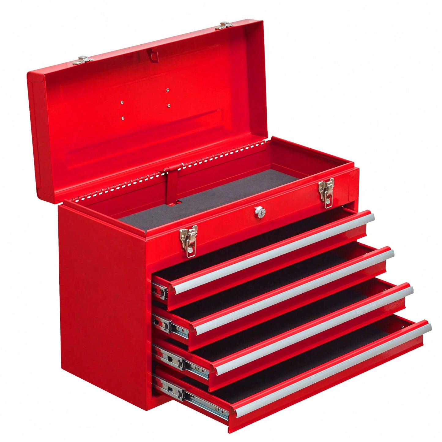 Portable Steel Tool Chest With 4 Drawers Metal Lock And Latch Closure Red Powder Coated Ideal For Garage Warehouse And Outdoor Repairs