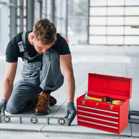 Portable Steel Tool Chest With 4 Drawers Metal Lock And Latch Closure Red Powder Coated Ideal For Garage Warehouse And Outdoor Repairs