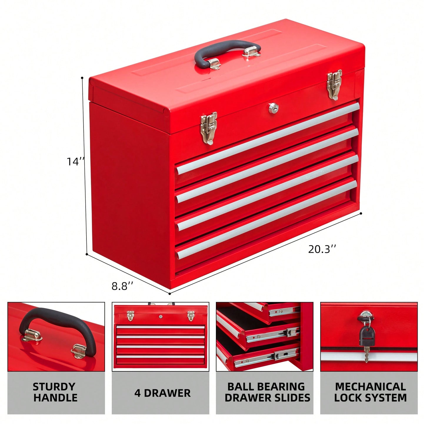 Portable Steel Tool Chest With 4 Drawers Metal Lock And Latch Closure Red Powder Coated Ideal For Garage Warehouse And Outdoor Repairs