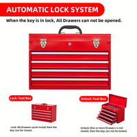 Portable Steel Tool Chest With 4 Drawers Metal Lock And Latch Closure Red Powder Coated Ideal For Garage Warehouse And Outdoor Repairs