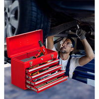 Portable Steel Tool Chest With 4 Drawers Metal Lock And Latch Closure Red Powder Coated Ideal For Garage Warehouse And Outdoor Repairs