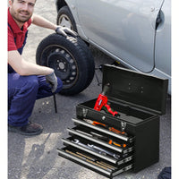 Portable Steel Tool Chest With 4 Drawers Metal Lock And Latch Closure Red Powder Coated Ideal For Garage Warehouse And Outdoor Repairs