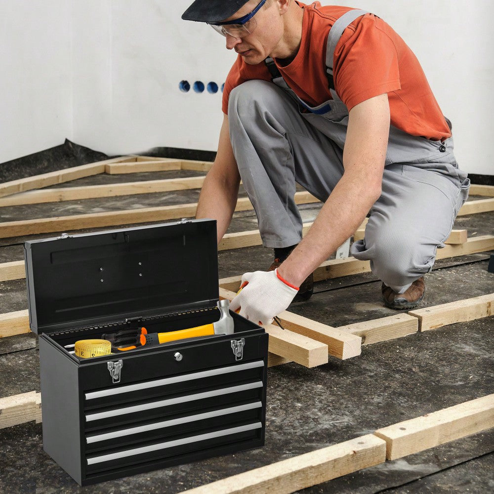 Portable Steel Tool Chest With 4 Drawers Metal Lock And Latch Closure Red Powder Coated Ideal For Garage Warehouse And Outdoor Repairs