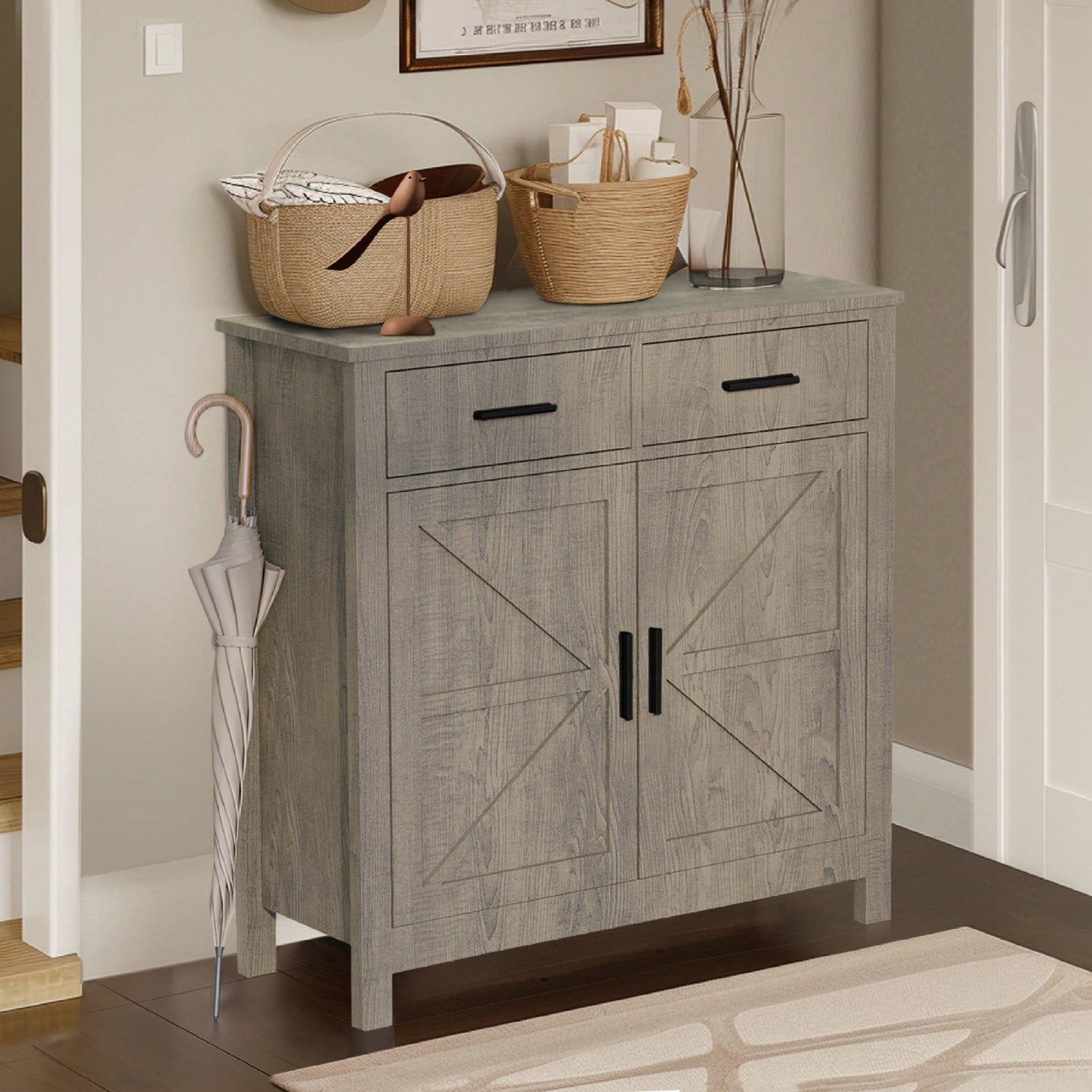 Modern Farmhouse Style Buffet Cabinet With Storage For Kitchen Dining Room Or Bathroom - Grey Sideboard With 2 Drawers And 2 Doors