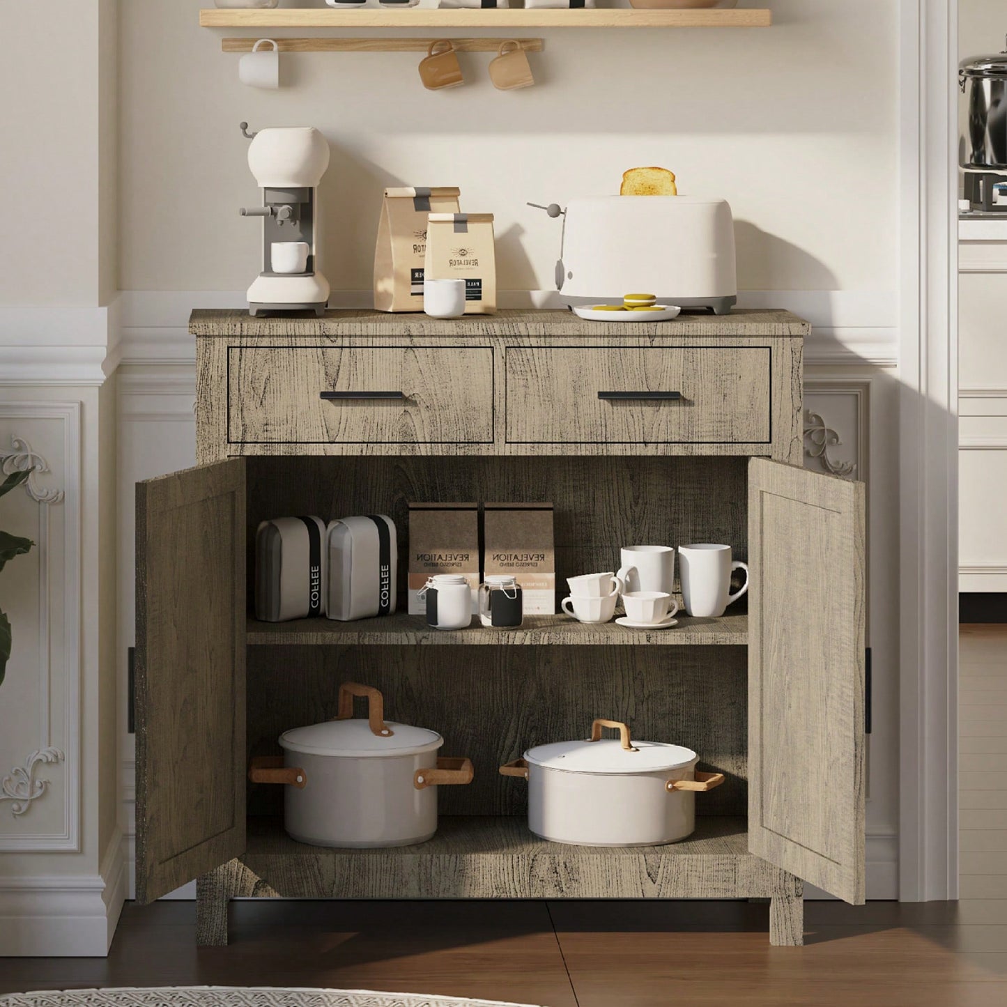 Modern Farmhouse Style Buffet Cabinet With Storage For Kitchen Dining Room Or Bathroom - Grey Sideboard With 2 Drawers And 2 Doors