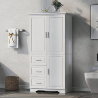 Versatile Tall And Wide Storage Cabinet With Doors And Three Drawers For Bathroom Or Office Organization In White