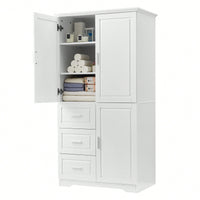 Versatile Tall And Wide Storage Cabinet With Doors And Three Drawers For Bathroom Or Office Organization In White