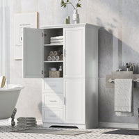 Versatile Tall And Wide Storage Cabinet With Doors And Three Drawers For Bathroom Or Office Organization In White