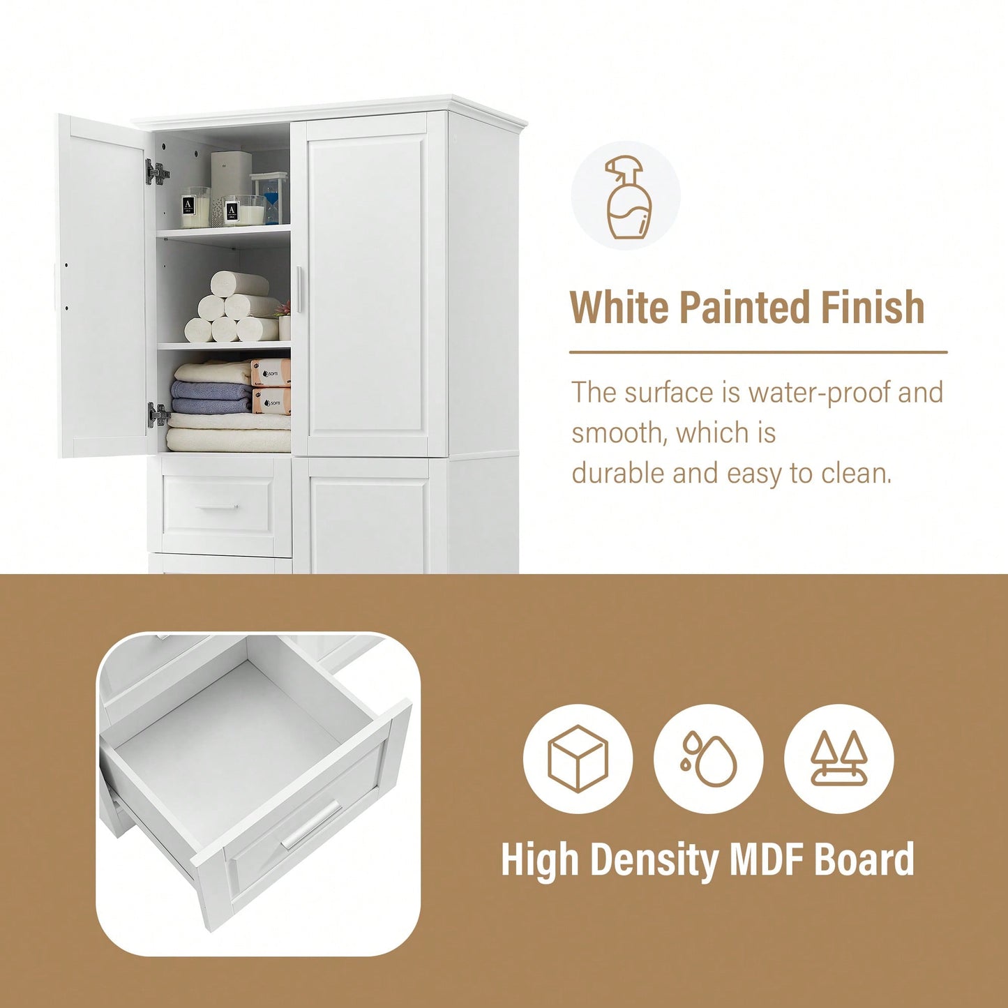 Versatile Tall And Wide Storage Cabinet With Doors And Three Drawers For Bathroom Or Office Organization In White