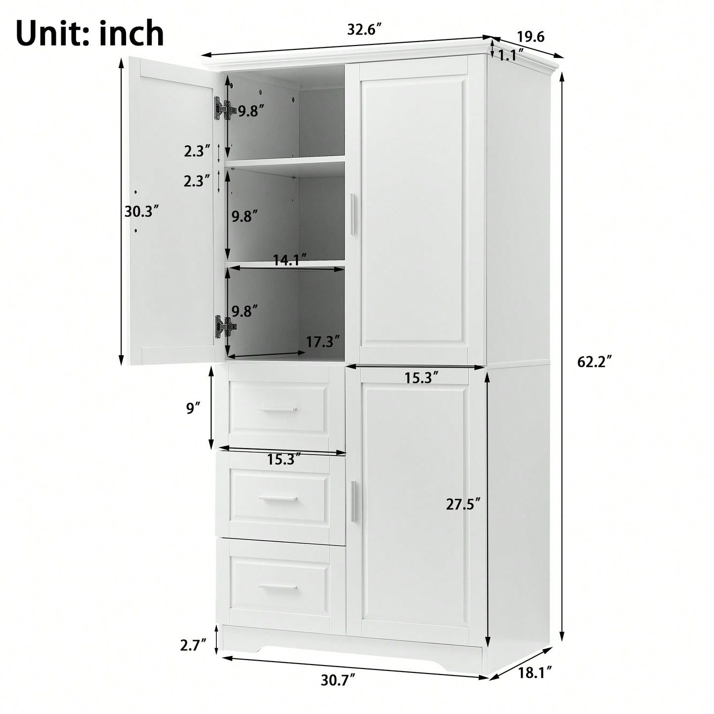 Versatile Tall And Wide Storage Cabinet With Doors And Three Drawers For Bathroom Or Office Organization In White