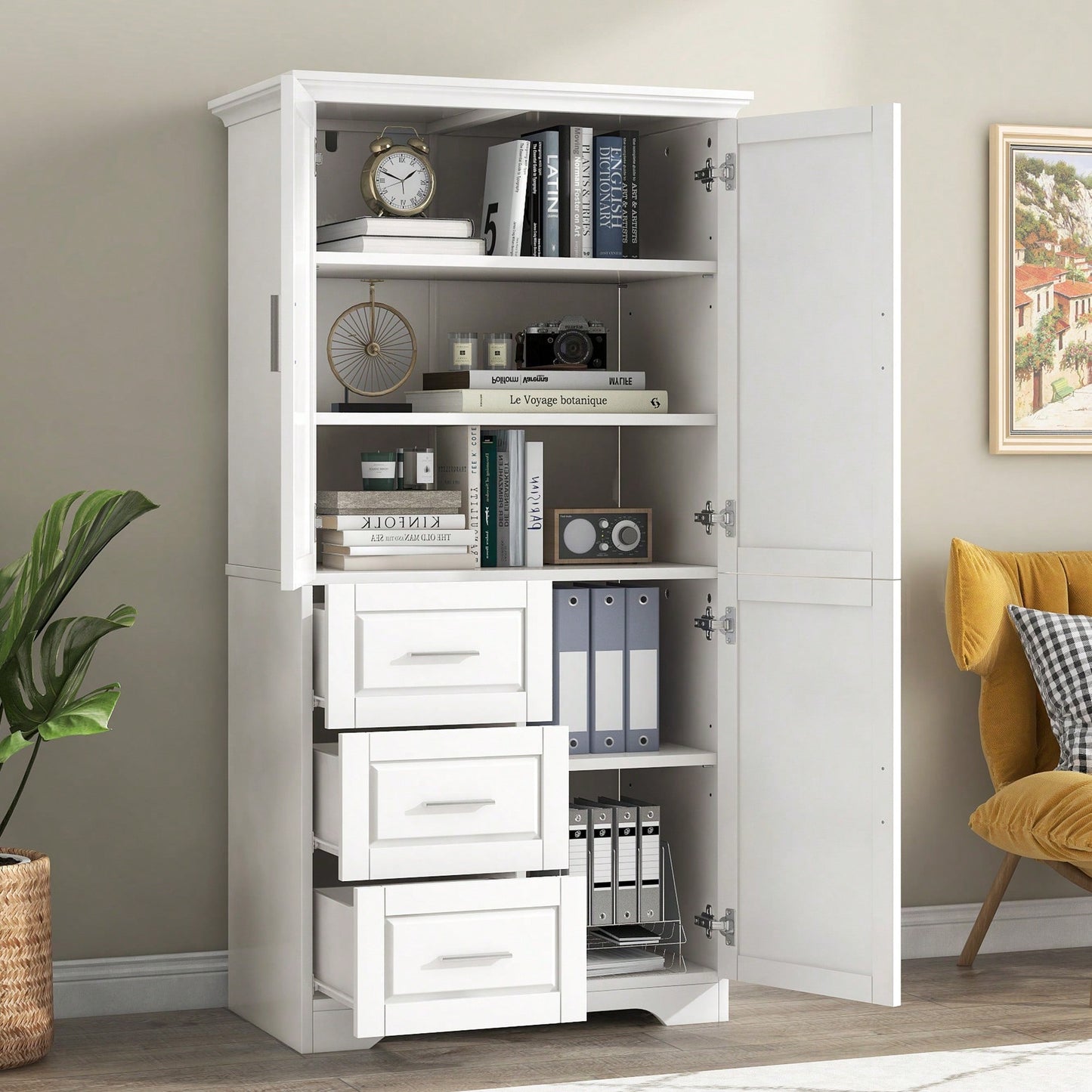 Versatile Tall And Wide Storage Cabinet With Doors And Three Drawers For Bathroom Or Office Organization In White