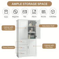 Versatile Tall And Wide Storage Cabinet With Doors And Three Drawers For Bathroom Or Office Organization In White