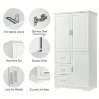 Versatile Tall And Wide Storage Cabinet With Doors And Three Drawers For Bathroom Or Office Organization In White