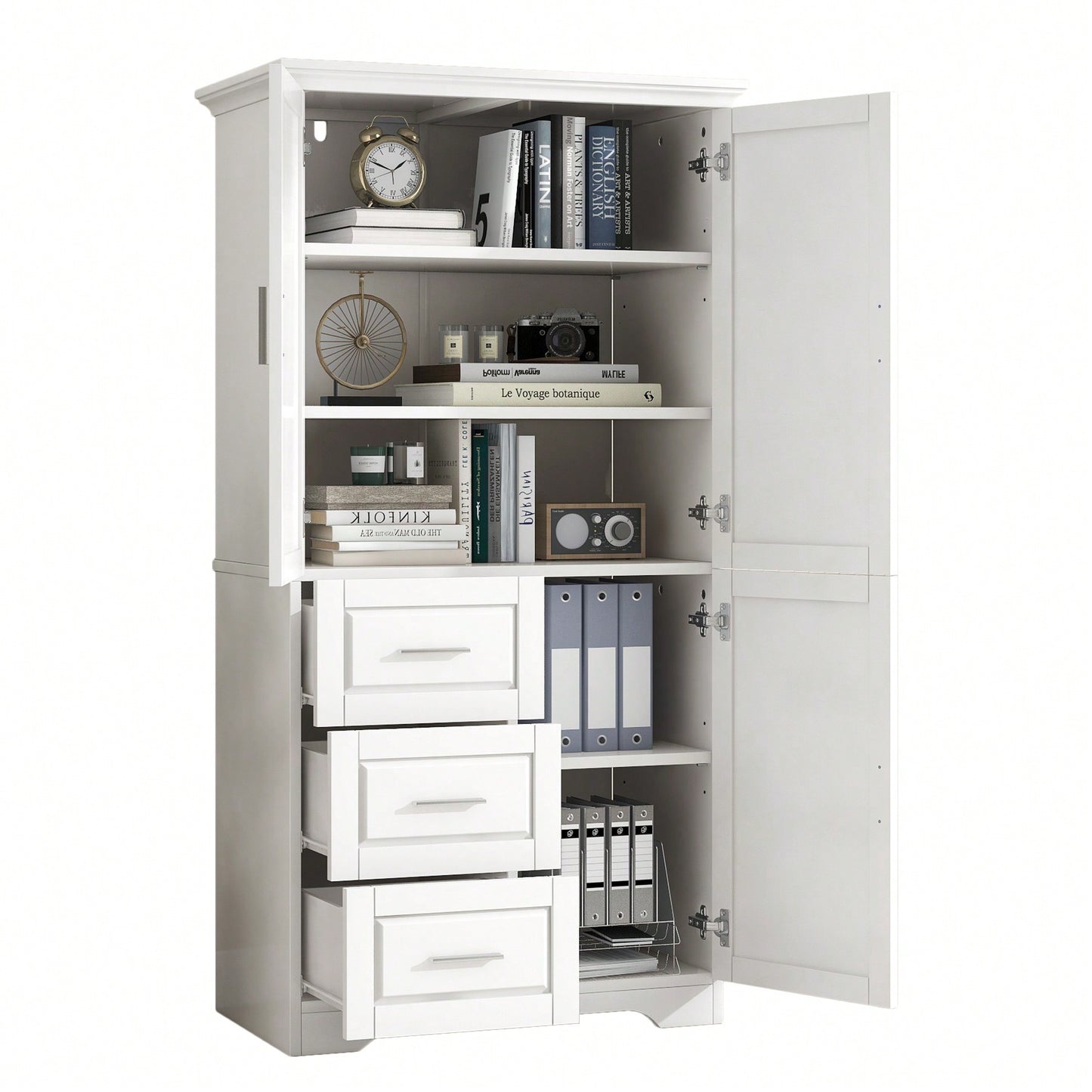 Versatile Tall And Wide Storage Cabinet With Doors And Three Drawers For Bathroom Or Office Organization In White