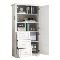 Versatile Tall And Wide Storage Cabinet With Doors And Three Drawers For Bathroom Or Office Organization In White