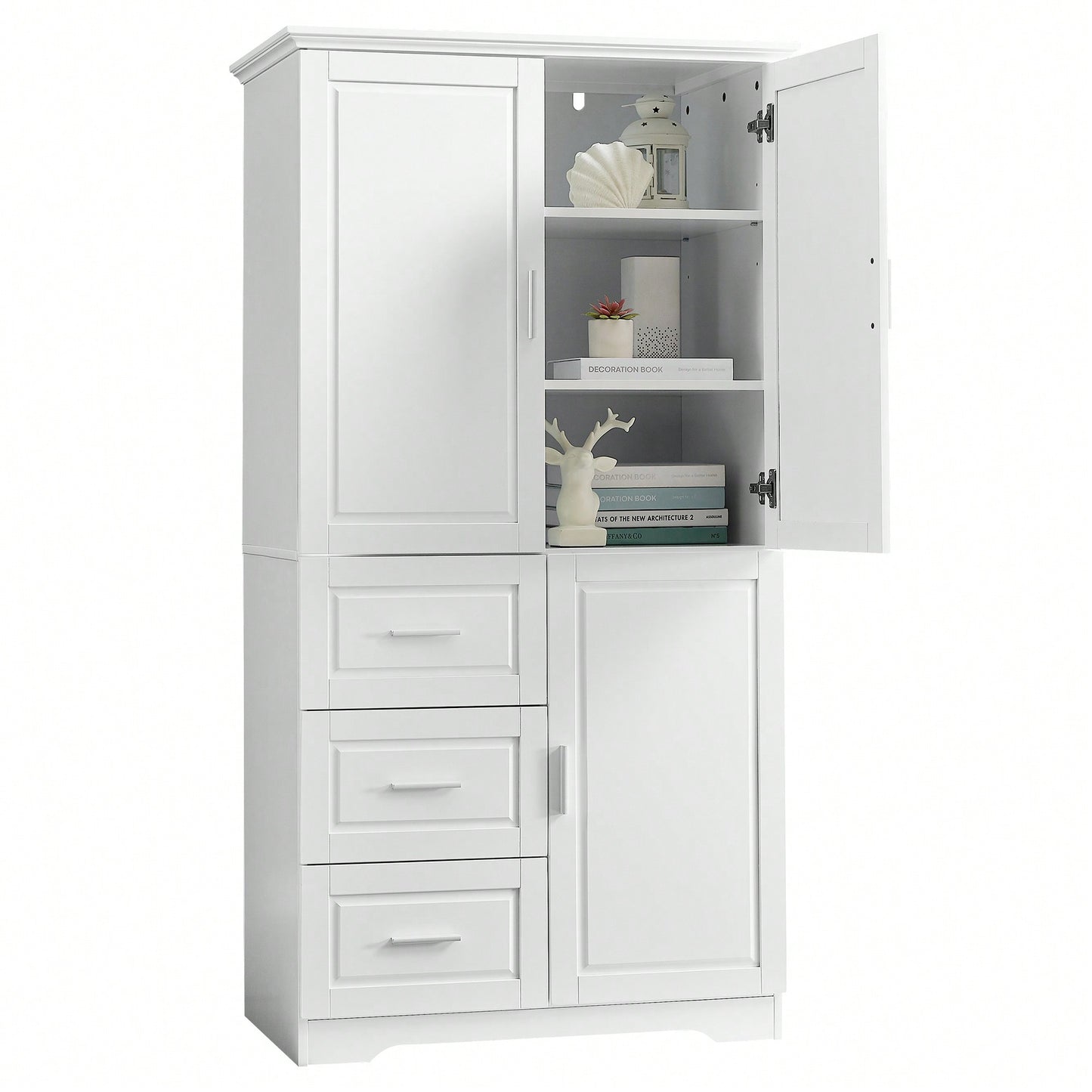 Versatile Tall And Wide Storage Cabinet With Doors And Three Drawers For Bathroom Or Office Organization In White