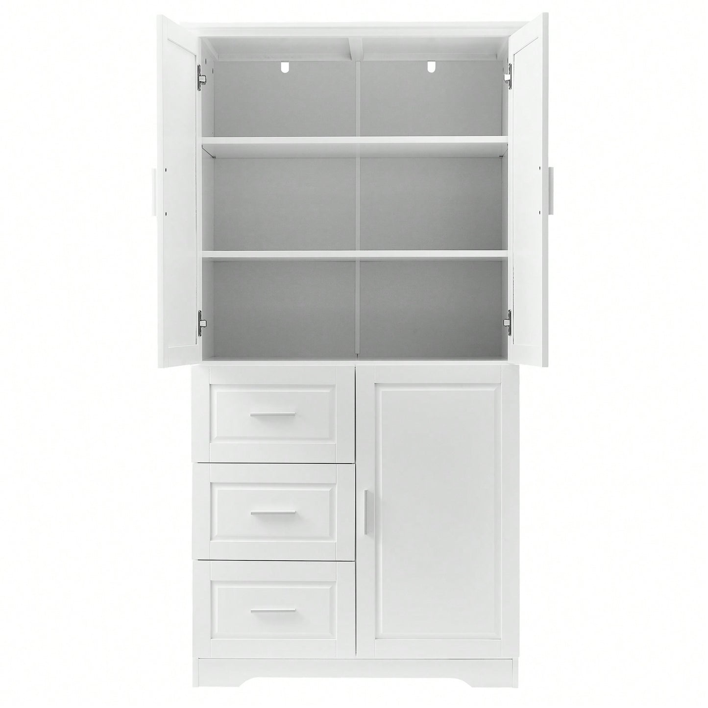 Versatile Tall And Wide Storage Cabinet With Doors And Three Drawers For Bathroom Or Office Organization In White