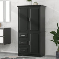 Versatile Tall And Wide Storage Cabinet With Doors And Three Drawers For Bathroom Or Office Organization In White