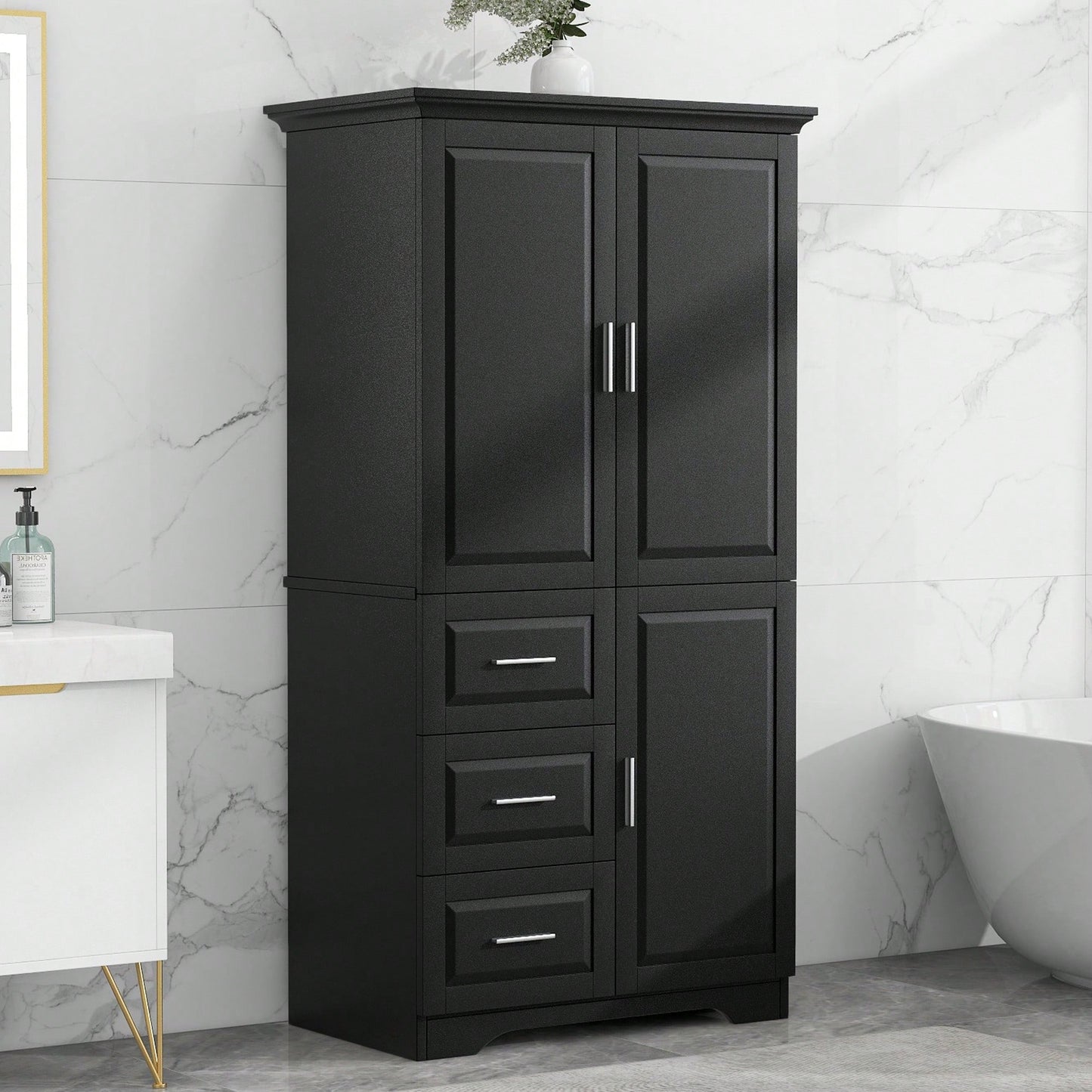 Versatile Tall And Wide Storage Cabinet With Doors And Three Drawers For Bathroom Or Office Organization In White