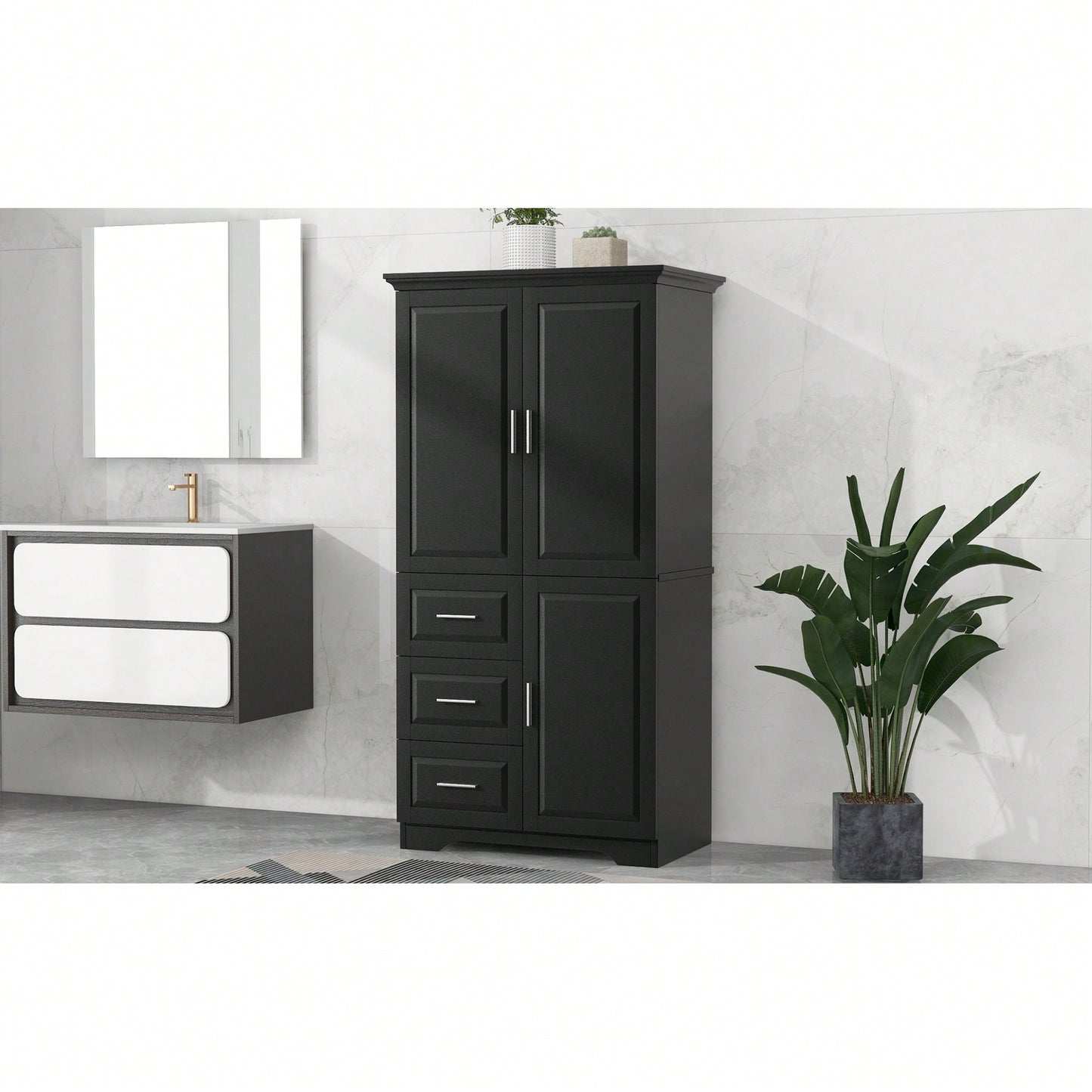 Versatile Tall And Wide Storage Cabinet With Doors And Three Drawers For Bathroom Or Office Organization In White