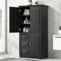 Versatile Tall And Wide Storage Cabinet With Doors And Three Drawers For Bathroom Or Office Organization In White