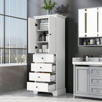 Storage Cabinet With 2 Doors And 4 Drawers For Bathroom Or Office Adjustable Shelf MDF Board Painted Finish Black