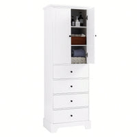 Storage Cabinet With 2 Doors And 4 Drawers For Bathroom Or Office Adjustable Shelf MDF Board Painted Finish Black