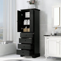 Storage Cabinet With 2 Doors And 4 Drawers For Bathroom Or Office Adjustable Shelf MDF Board Painted Finish Black