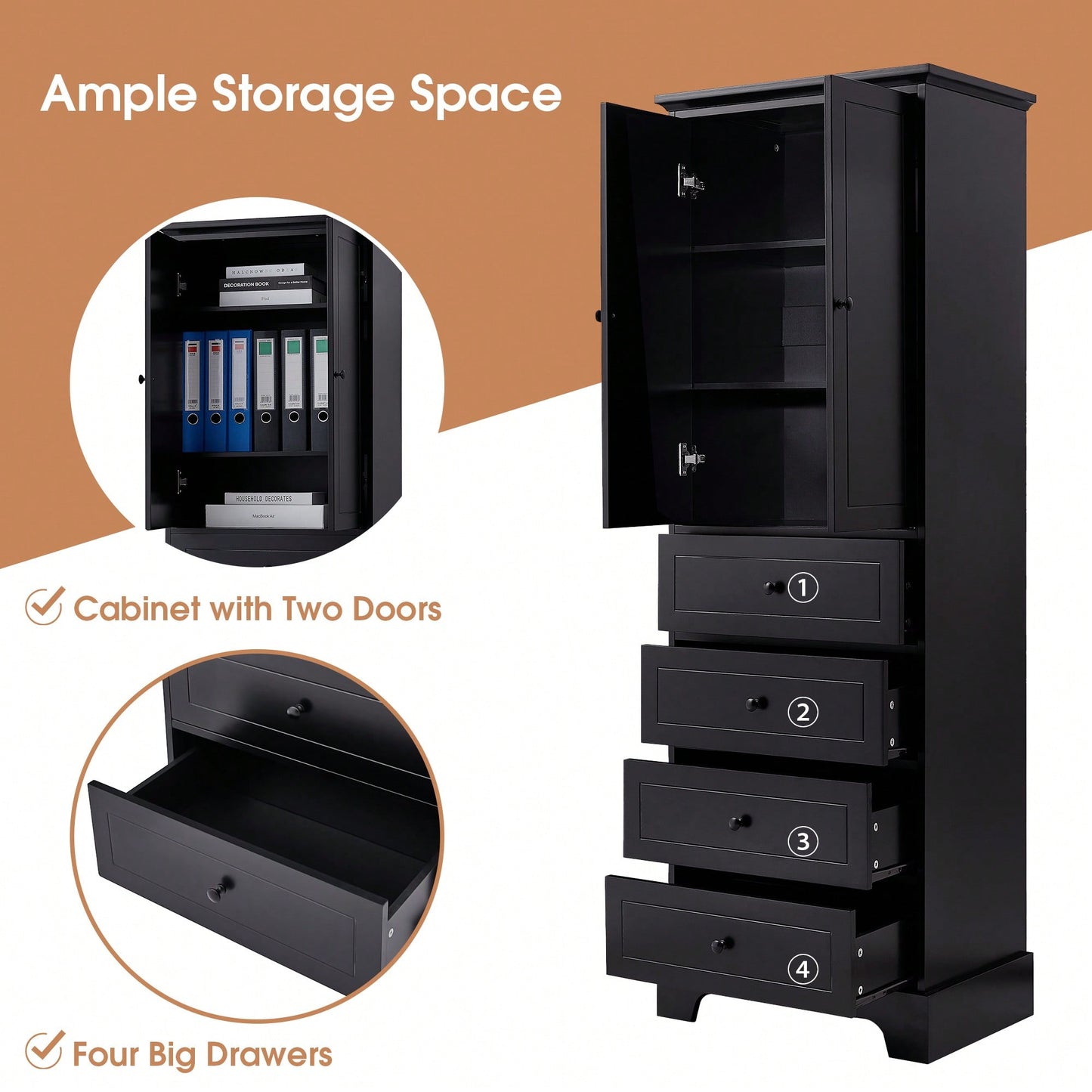 Storage Cabinet With 2 Doors And 4 Drawers For Bathroom Or Office Adjustable Shelf MDF Board Painted Finish Black