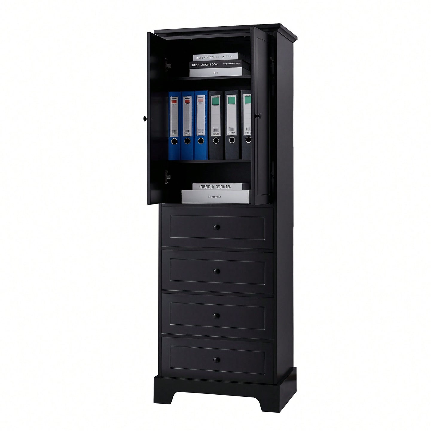 Storage Cabinet With 2 Doors And 4 Drawers For Bathroom Or Office Adjustable Shelf MDF Board Painted Finish Black