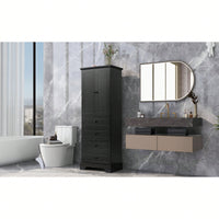 Storage Cabinet With 2 Doors And 4 Drawers For Bathroom Or Office Adjustable Shelf MDF Board Painted Finish Black