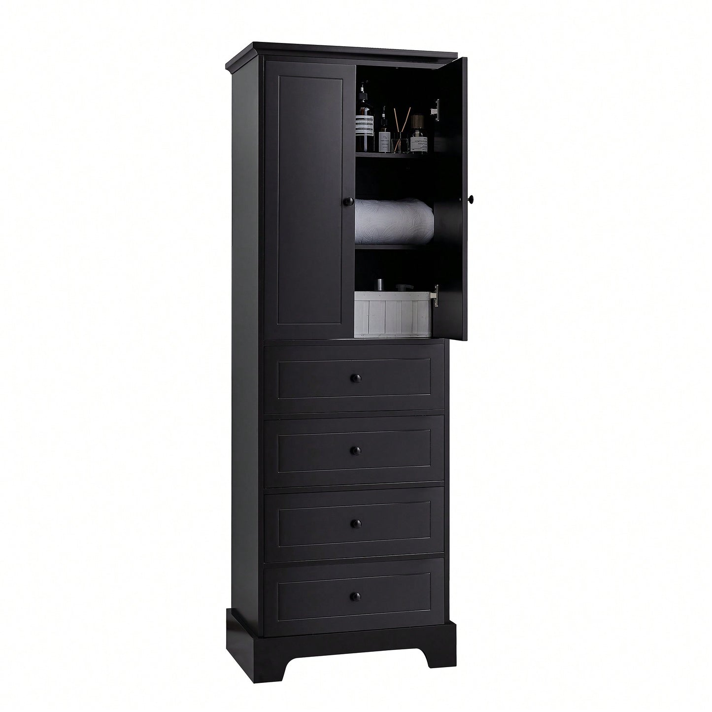 Storage Cabinet With 2 Doors And 4 Drawers For Bathroom Or Office Adjustable Shelf MDF Board Painted Finish Black