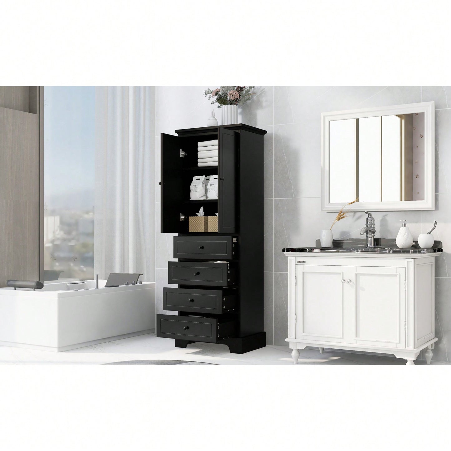 Storage Cabinet With 2 Doors And 4 Drawers For Bathroom Or Office Adjustable Shelf MDF Board Painted Finish Black