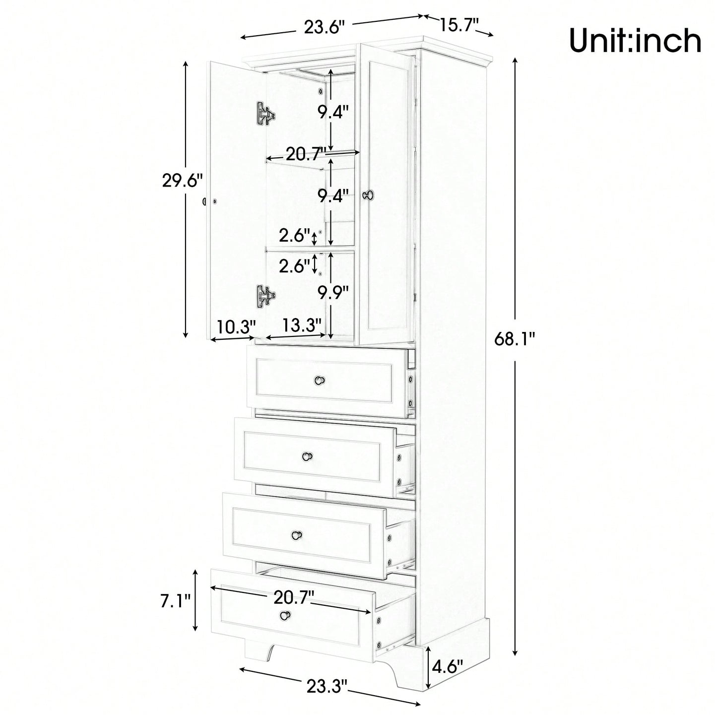 Storage Cabinet With 2 Doors And 4 Drawers For Bathroom Or Office Adjustable Shelf MDF Board Painted Finish Black