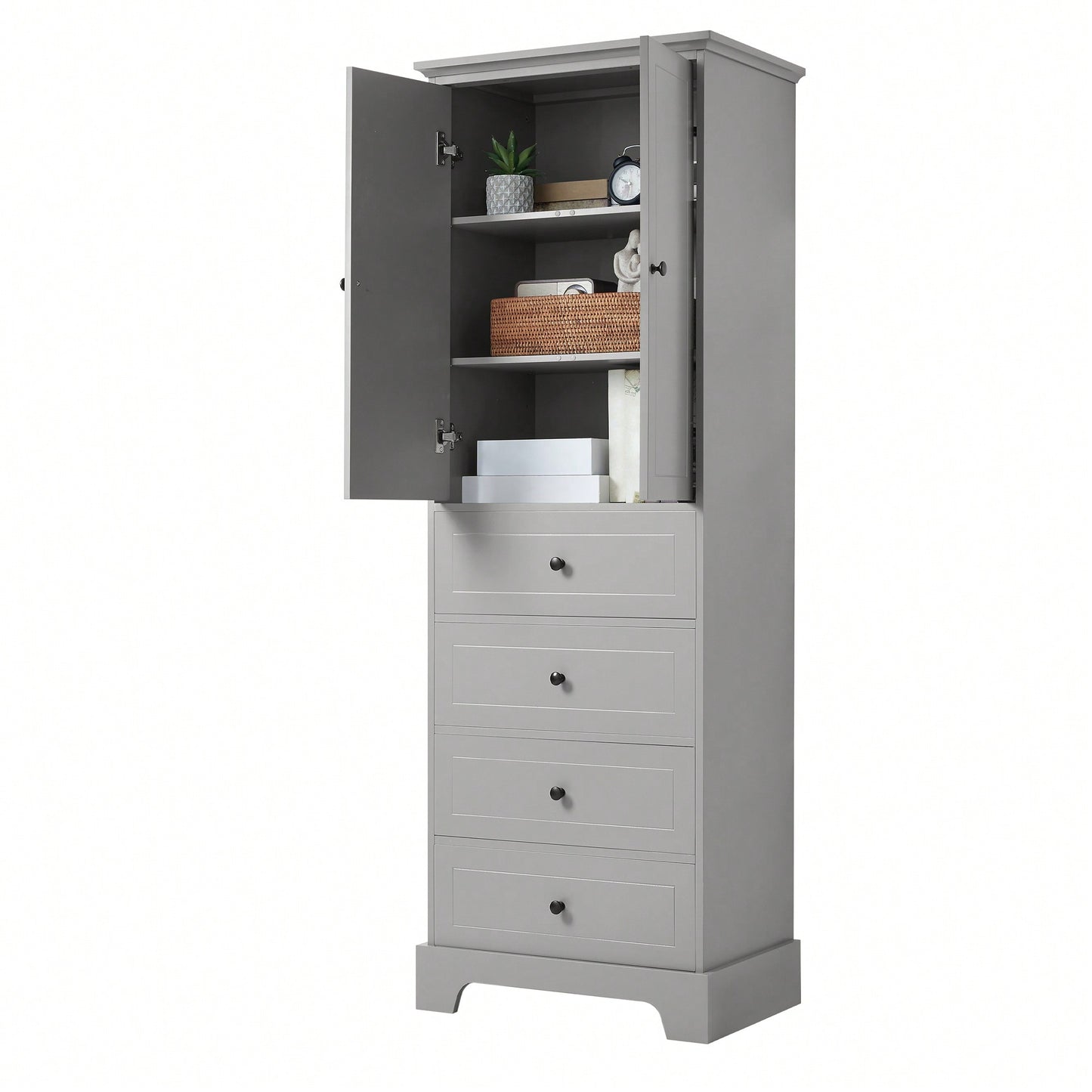 Storage Cabinet With 2 Doors And 4 Drawers For Bathroom Or Office Adjustable Shelf MDF Board Painted Finish Black