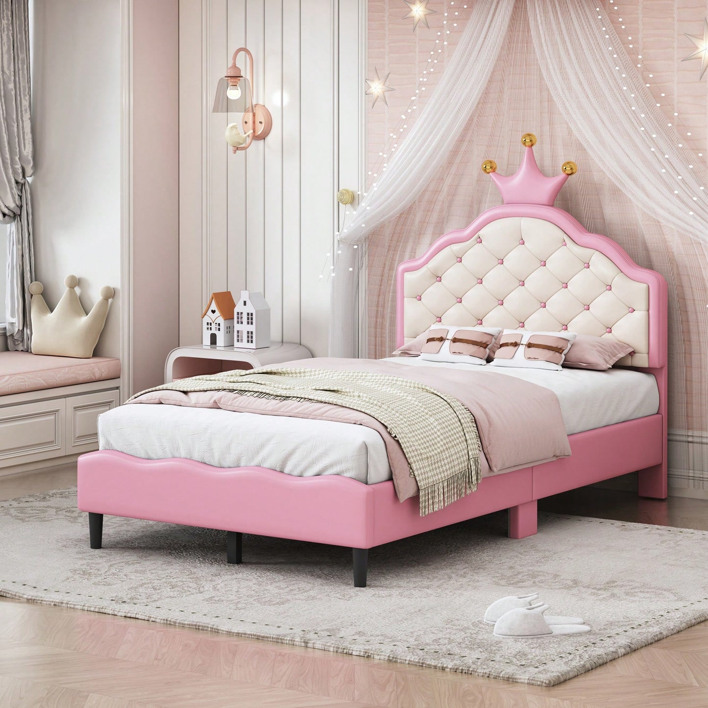 Twin Size Pink And Cream Fantasy Princess Bed With Tufted Headboard In PU Leather