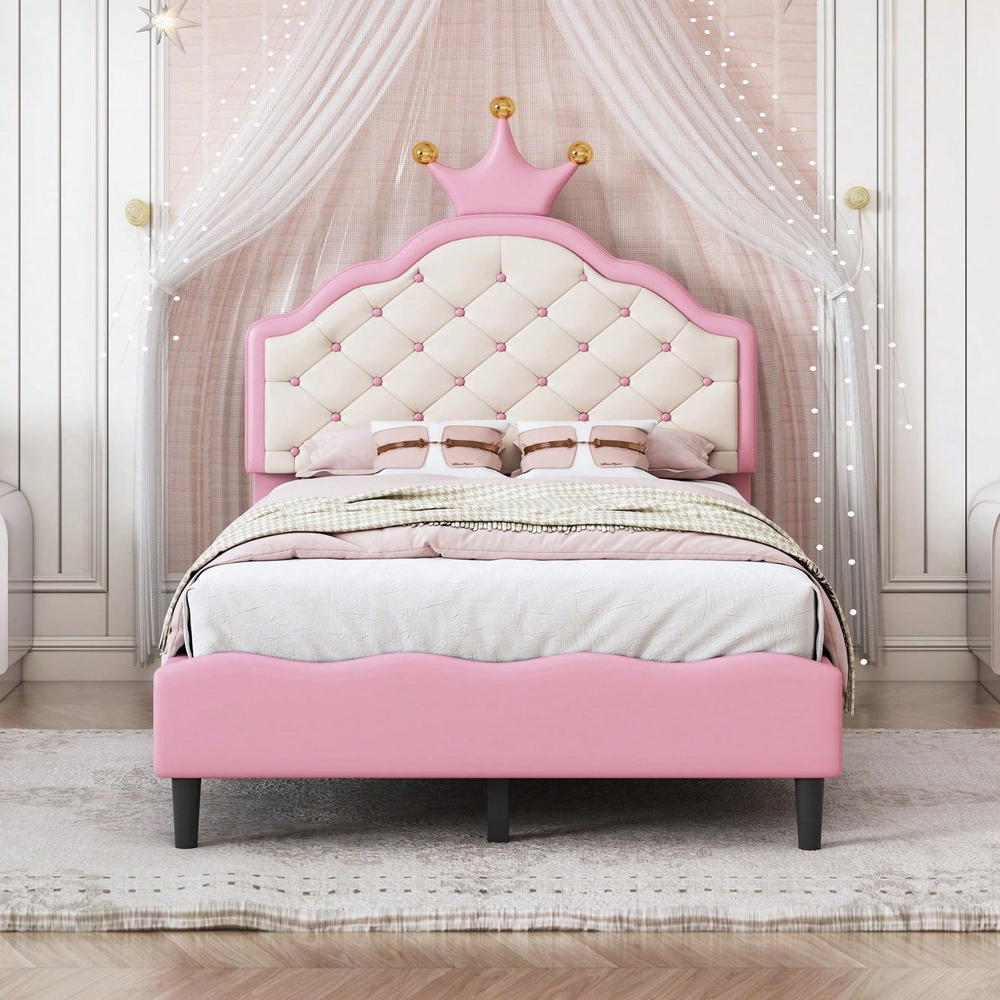 Twin Size Pink And Cream Fantasy Princess Bed With Tufted Headboard In PU Leather
