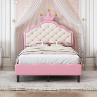 Twin Size Pink And Cream Fantasy Princess Bed With Tufted Headboard In PU Leather