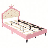 Twin Size Pink And Cream Fantasy Princess Bed With Tufted Headboard In PU Leather