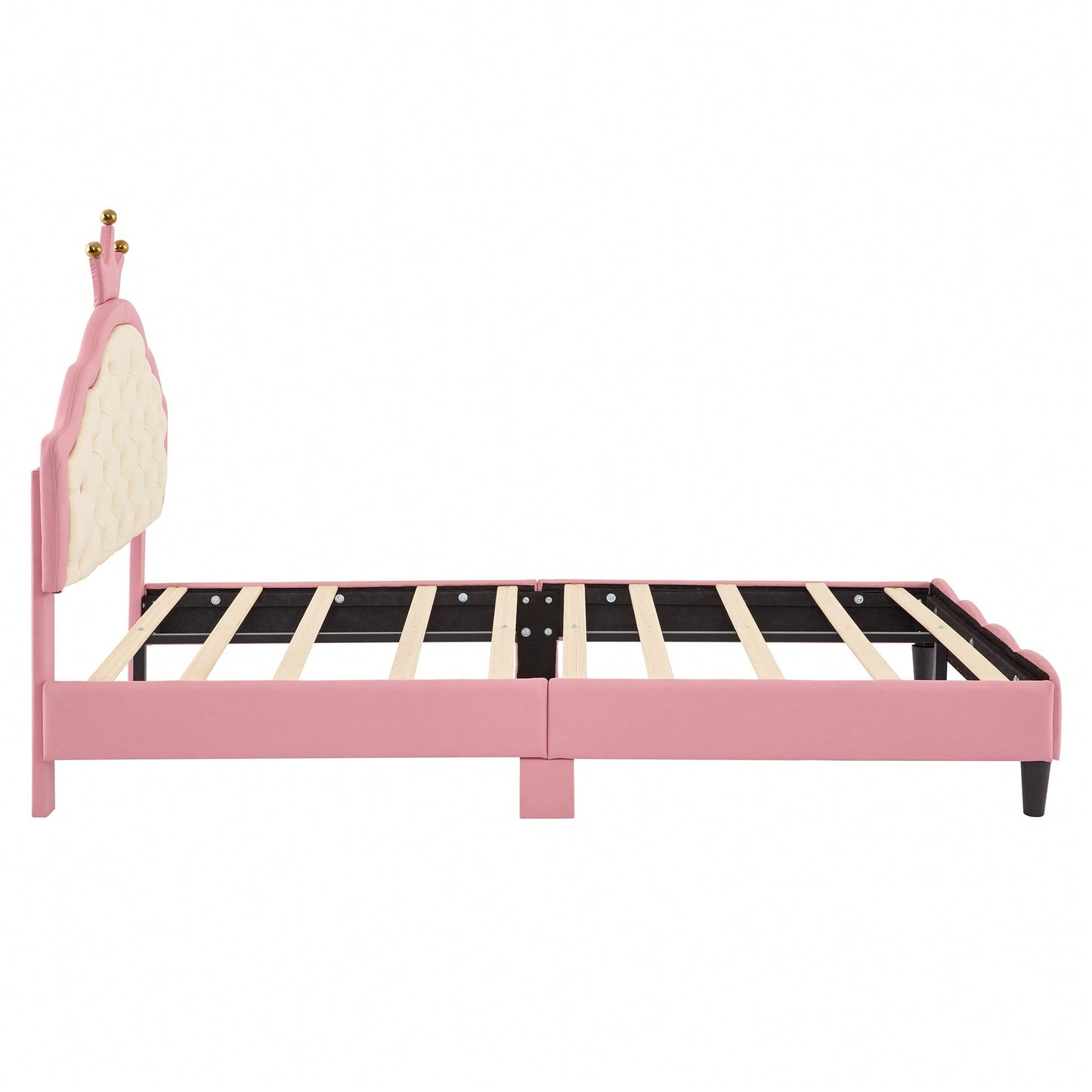 Twin Size Pink And Cream Fantasy Princess Bed With Tufted Headboard In PU Leather
