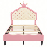 Twin Size Pink And Cream Fantasy Princess Bed With Tufted Headboard In PU Leather