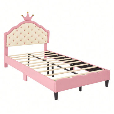Twin Size Pink And Cream Fantasy Princess Bed With Tufted Headboard In PU Leather