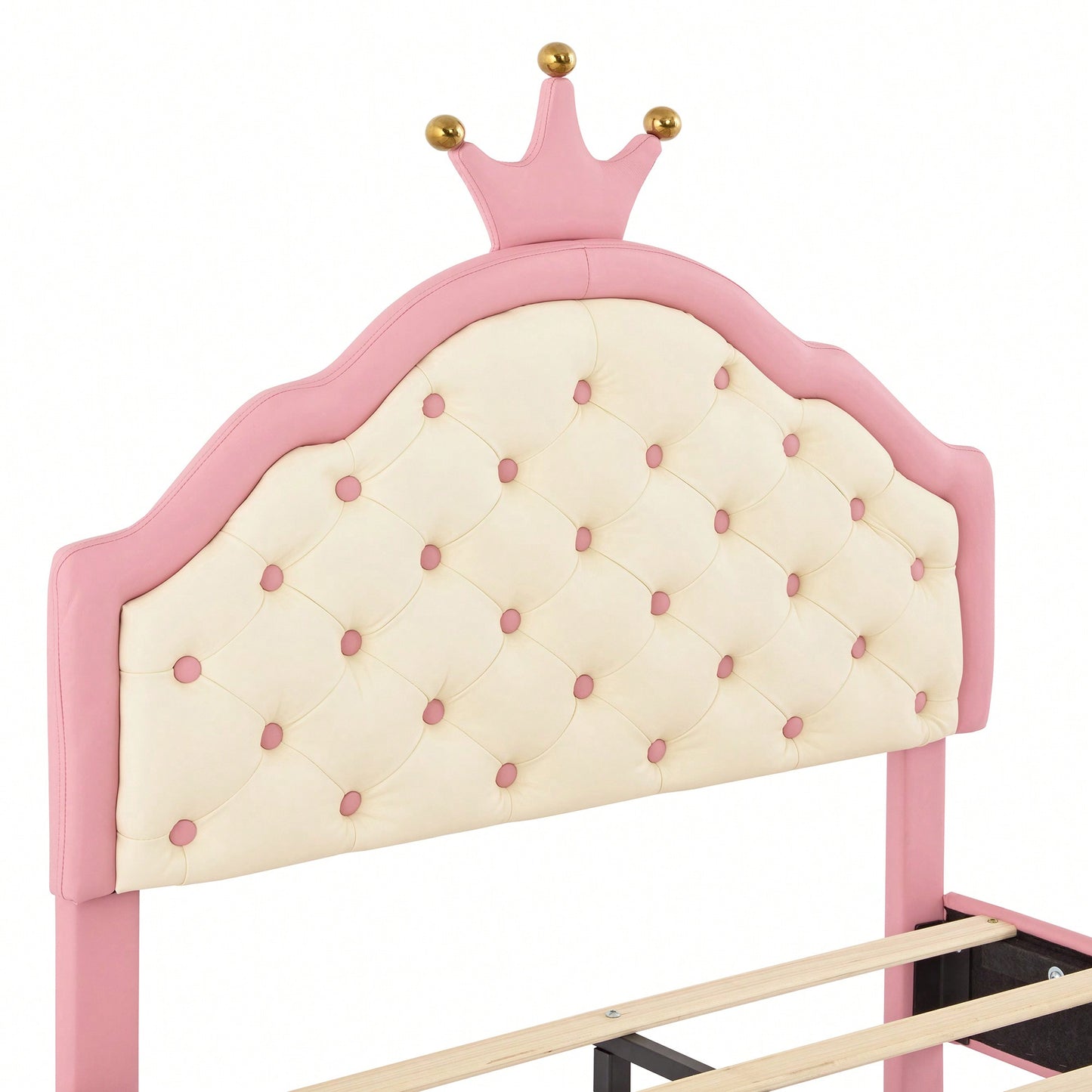 Twin Size Pink And Cream Fantasy Princess Bed With Tufted Headboard In PU Leather