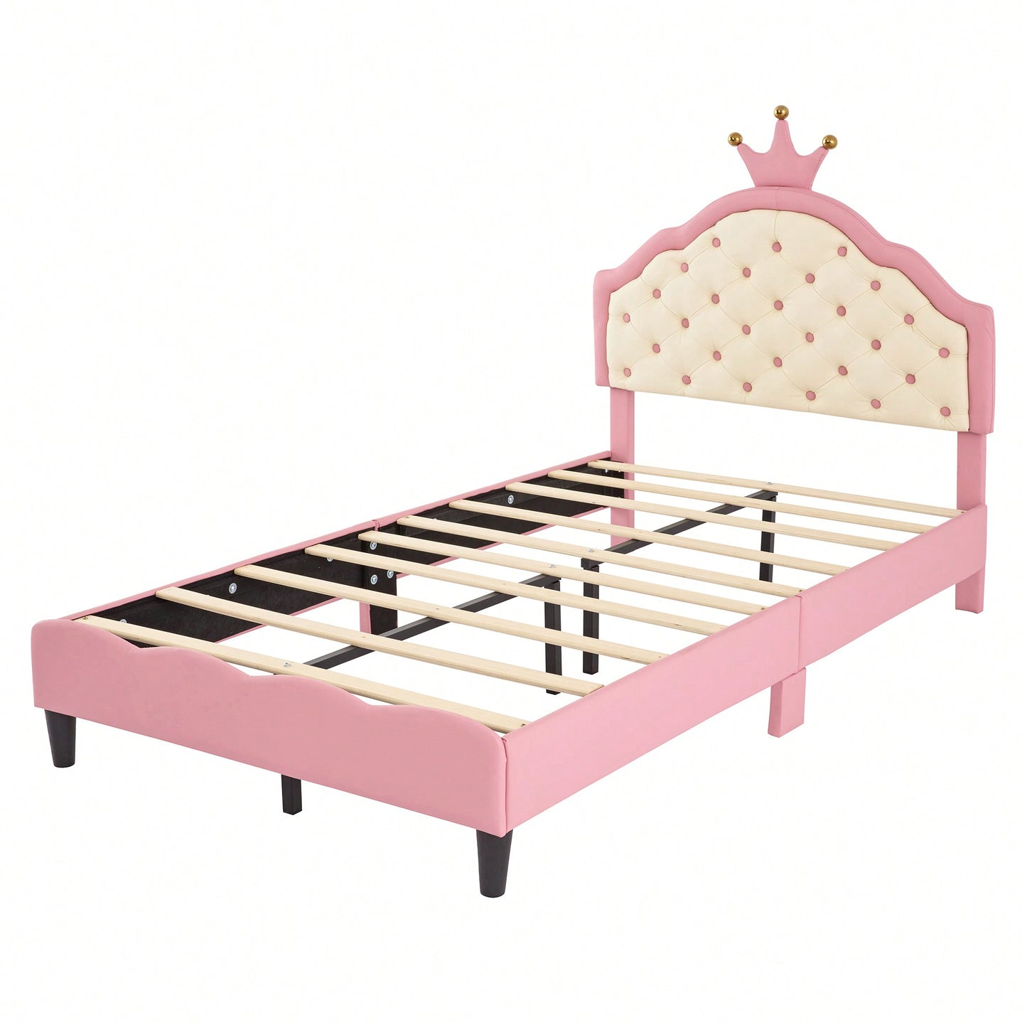 Twin Size Pink And Cream Fantasy Princess Bed With Tufted Headboard In PU Leather