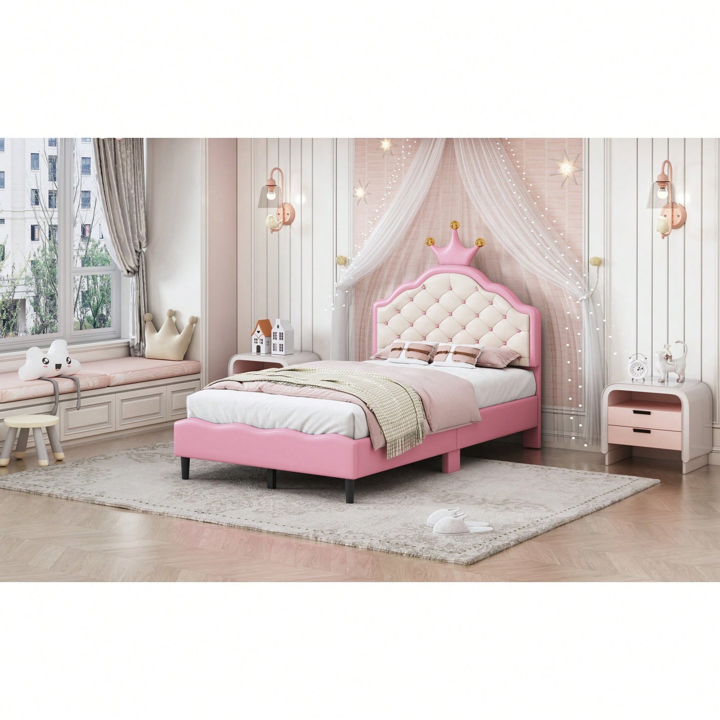 Twin Size Pink And Cream Fantasy Princess Bed With Tufted Headboard In PU Leather