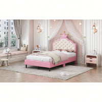 Twin Size Pink And Cream Fantasy Princess Bed With Tufted Headboard In PU Leather
