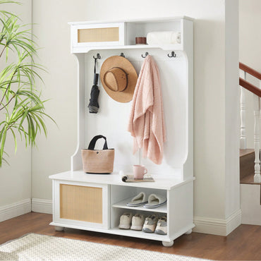 Stylish Entryway Hall Tree With Storage Bench And Rattan Door, Shoe Rack Organizer, 40.16"W*18.58"D*64.17"H