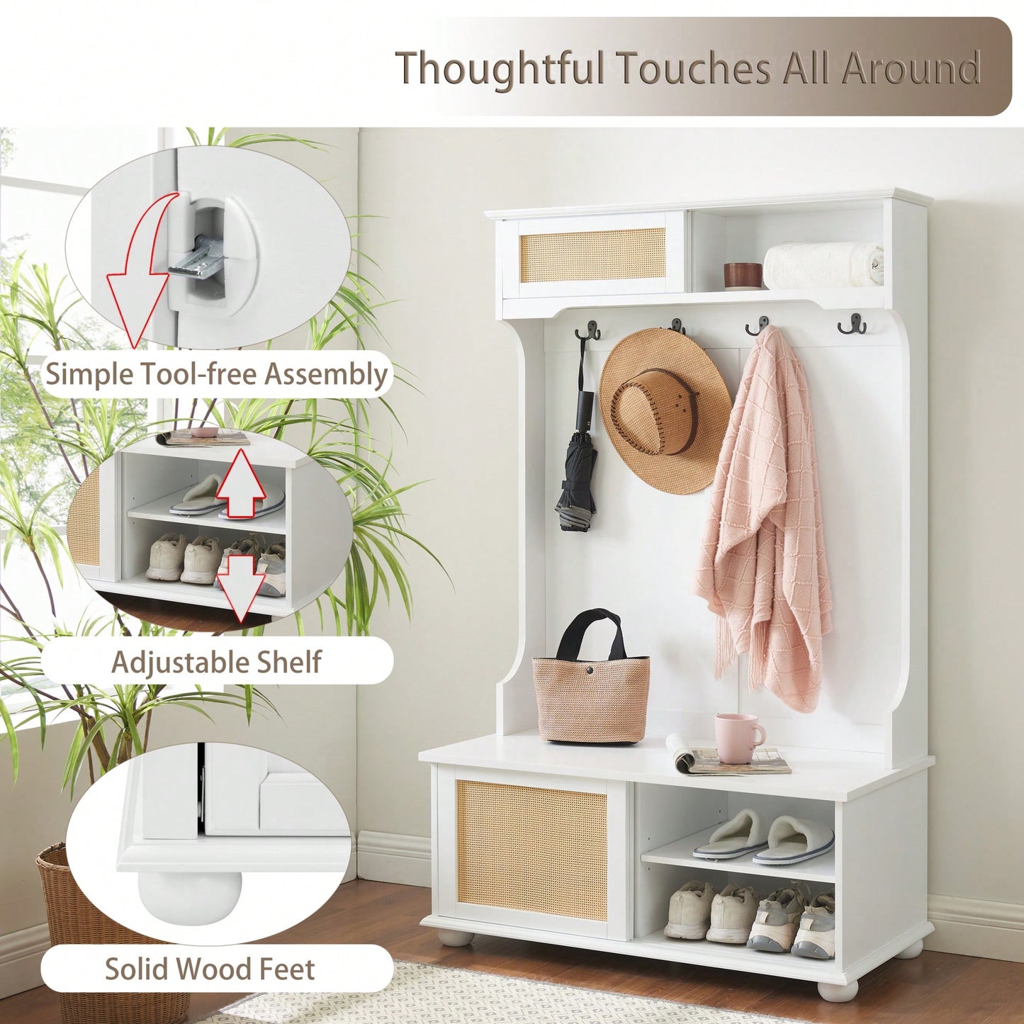 Stylish Entryway Hall Tree With Storage Bench And Rattan Door, Shoe Rack Organizer, 40.16"W*18.58"D*64.17"H