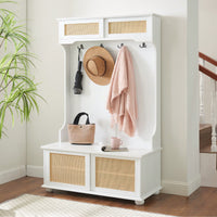 Stylish Entryway Hall Tree With Storage Bench And Rattan Door, Shoe Rack Organizer, 40.16"W*18.58"D*64.17"H