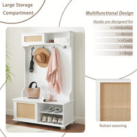 Stylish Entryway Hall Tree With Storage Bench And Rattan Door, Shoe Rack Organizer, 40.16"W*18.58"D*64.17"H